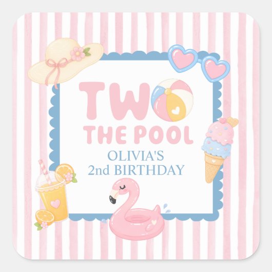 プールで2歳の夏の誕生日パーティー スクエアシール (正面)