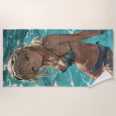 プールに入ったかわいいアニメの少女 ビーチタオル (正面)