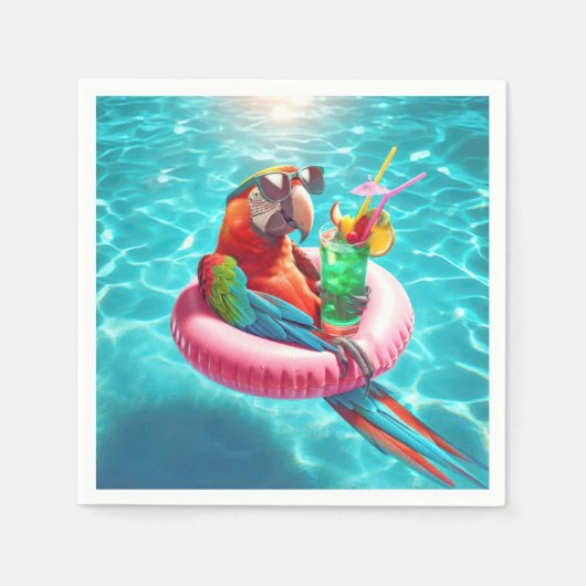 プールに浮かぶオウム スタンダードカクテルナプキン (正面)