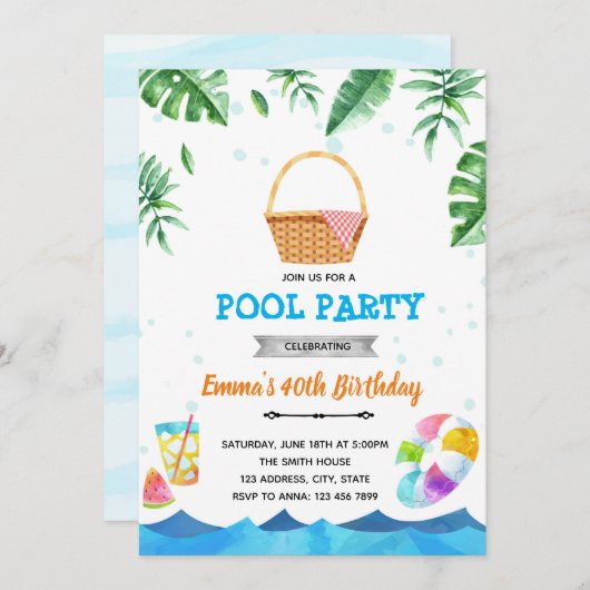 プールのトロピカルピクニックブランチ招待状 招待状 (正面/裏面)