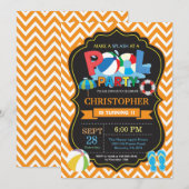 プールのパーティの招待状のオレンジSplishのしぶきの男の子 招待状 (正面/裏面)