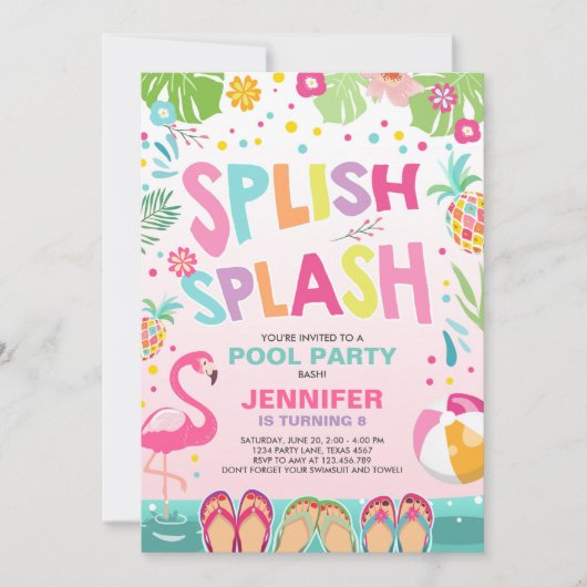 プールのパーティの招待状のフラミンゴの熱帯パイナップル 招待状 (正面)