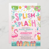 プールのパーティの招待状のフラミンゴの熱帯パイナップル 招待状 (正面/裏面)