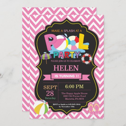 プールのパーティの招待状の夏のSplishのしぶきの女の子 招待状 (正面/裏面)
