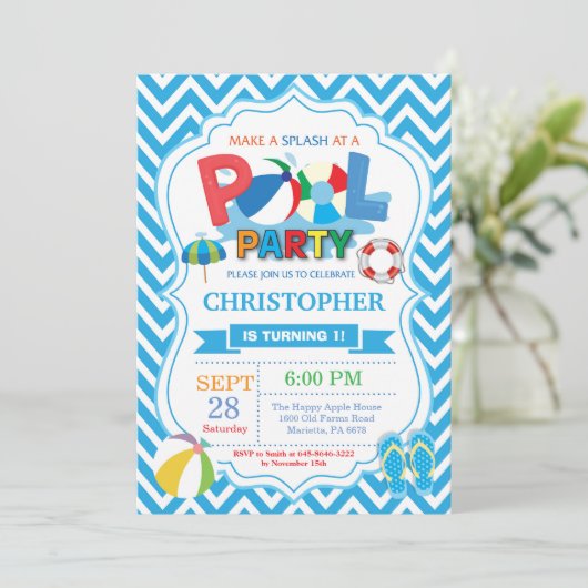 プールのパーティの招待状の夏のSplishのしぶきの男の子 招待状 (スタンド正面)