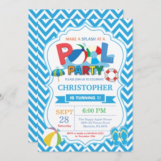 プールのパーティの招待状の夏のSplishのしぶきの男の子 招待状 (正面/裏面)