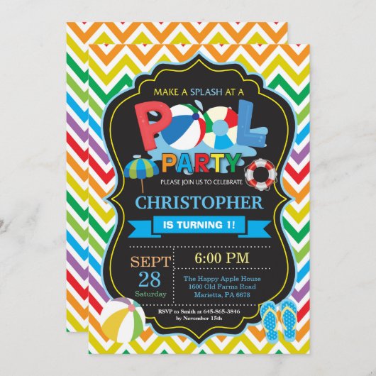 プールのパーティの招待状の夏のSplishのしぶきの男の子 招待状 (正面/裏面)