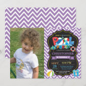 プールのパーティの招待状の紫色のSplishのしぶきの男の子 招待状 (正面/裏面)