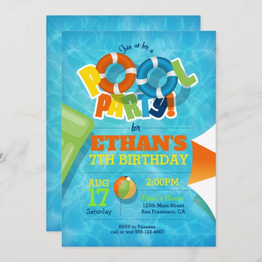 プールのパーティの招待状-プール/夏の招待 招待状 (正面/裏面)