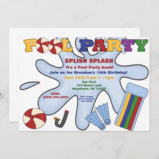 プールのパーティの招待状 招待状 (正面/裏面)