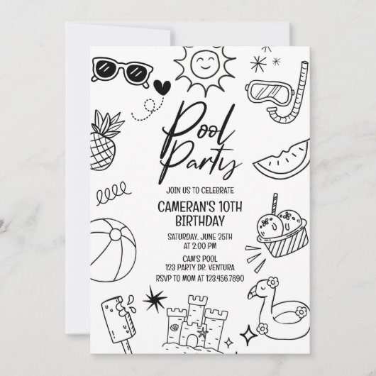 プールのパーティーモダン、任意の年齢、ビーチパーティー、黒い 招待状 (正面)