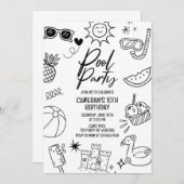 プールのパーティーモダン、任意の年齢、ビーチパーティー、黒い 招待状 (正面/裏面)