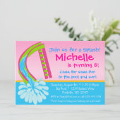 プールのパーティー-ピンク水スライドの誕生日 招待状 (スタンド正面)