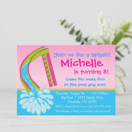 プールのパーティー-ピンク水スライドの誕生日 招待状 (スタンド正面)