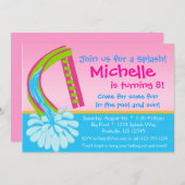 プールのパーティー-ピンク水スライドの誕生日 招待状 (正面/裏面)
