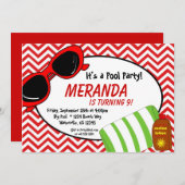 プールのパーティー-赤いシェブロンの誕生日の招待 招待状 (正面/裏面)