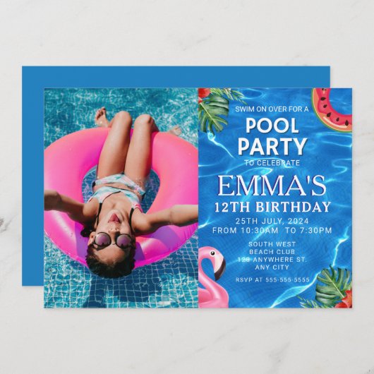 プールの写真の誕生日パーティー 招待状 (正面/裏面)
