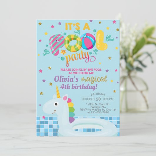 プールの女の子の誕生日の招待、プールのユニコーン招待状 招待状 (スタンド正面)