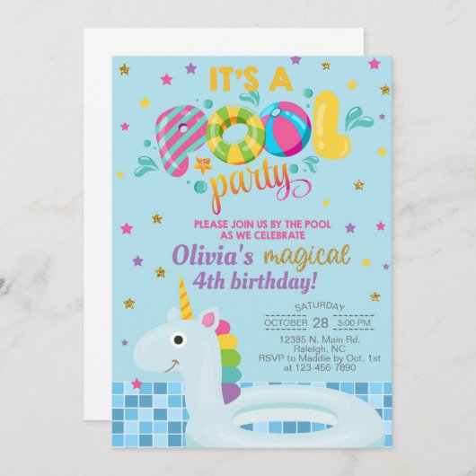 プールの女の子の誕生日の招待、プールのユニコーン招待状 招待状 (正面/裏面)