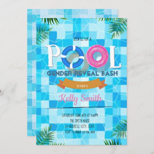 プールの性別の表示パーティー 招待状 (正面/裏面)