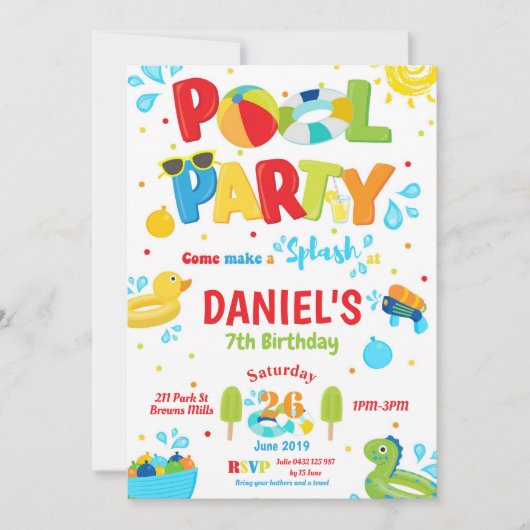 プールの誕生会の男の子の水泳のビーチの夏 招待状 (正面)
