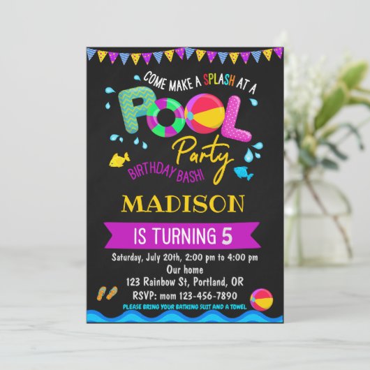 プールの誕生日の招待プールパーティーガールウォーターおもしろい 招待状 (スタンド正面)