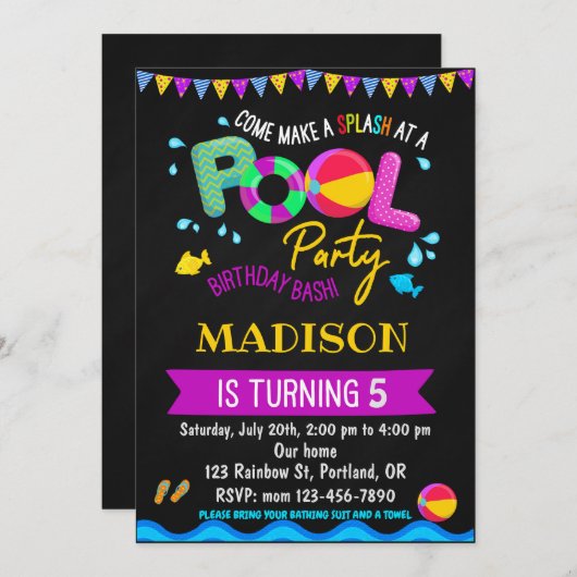 プールの誕生日の招待プールパーティーガールウォーターおもしろい 招待状 (正面/裏面)