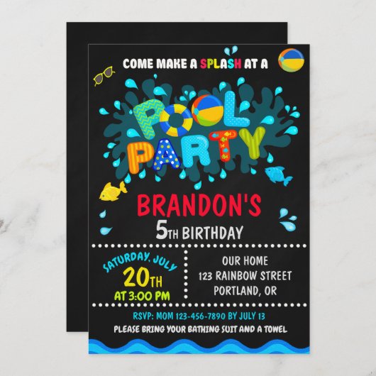 プールの誕生日の招待ボーイプールパーティー招待状 招待状 (正面/裏面)