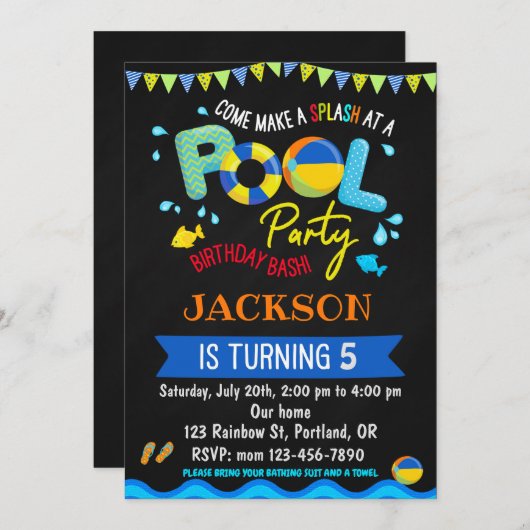 プールの誕生日の招待ボーイプールパーティー招待状 招待状 (正面/裏面)