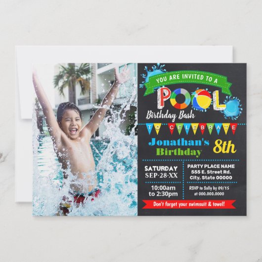 プールの誕生日パーティー夏のbashチャックボードの写真 招待状 (正面)