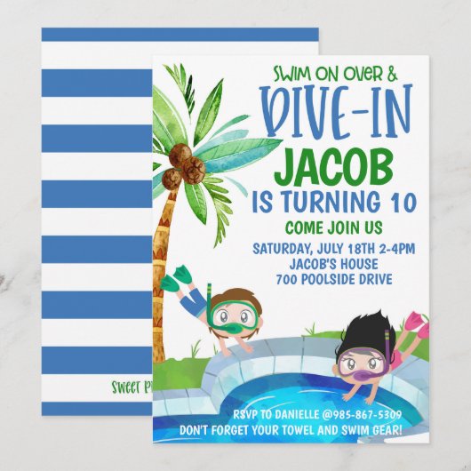 プールの誕生日パーティー招待状 招待状 (正面/裏面)