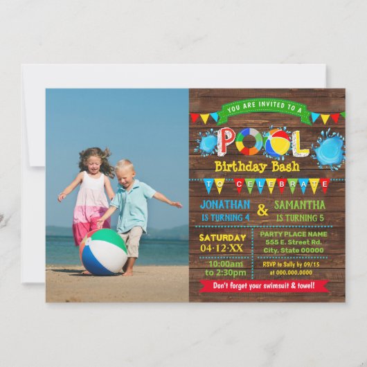 プールの誕生日bash兄弟姉妹のパーティー写真の組み合わせ 招待状 (正面)