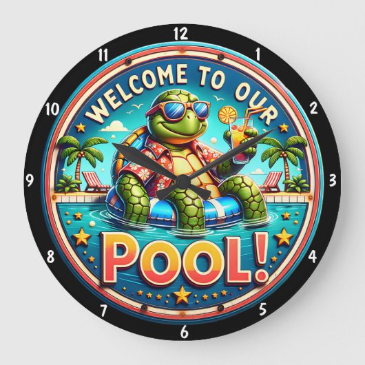プールをテーマにした亀エボキングおもしろいくつろぎ ラージ壁時計 (正面)