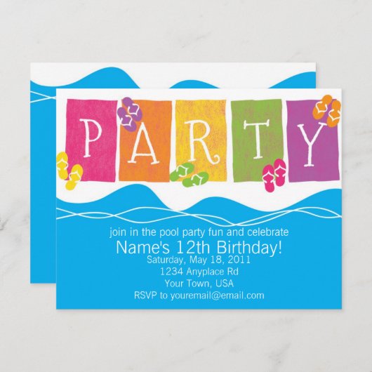 プールを囲んでのパーティのおもしろい 招待状 (正面/裏面)