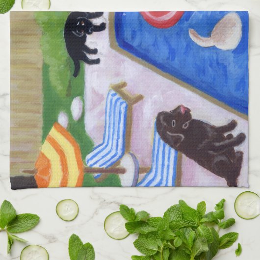 プールを囲んでのパーティのラブラドールの絵を描くこと キッチンタオル (折り畳み)