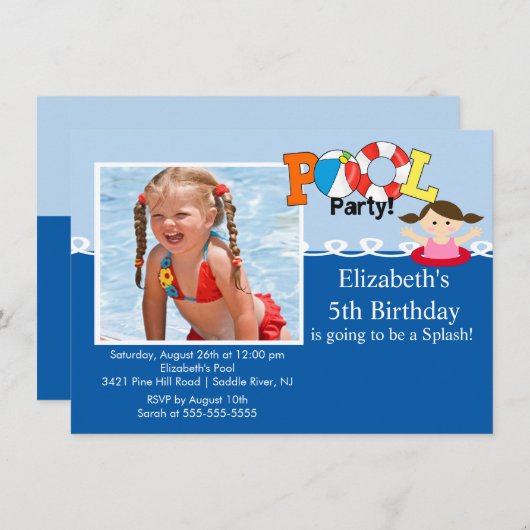 プールを囲んでのパーティの写真の女の子の誕生日の招待状 招待状 (正面/裏面)