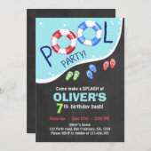 プールを囲んでのパーティの夏の黒板の誕生日の招待状 招待状 (正面/裏面)