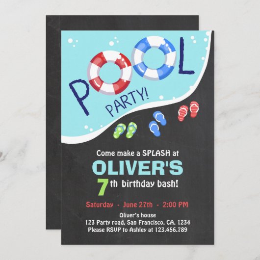 プールを囲んでのパーティの夏の黒板の誕生日の招待状 招待状 (正面/裏面)