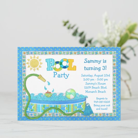 プールを囲んでのパーティの子供の誕生日のパーティの招待状 招待状 (スタンド正面)