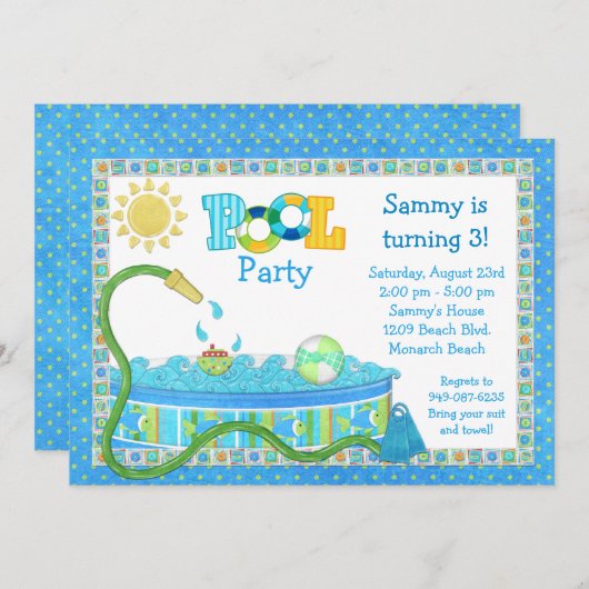プールを囲んでのパーティの子供の誕生日のパーティの招待状 招待状 (正面/裏面)