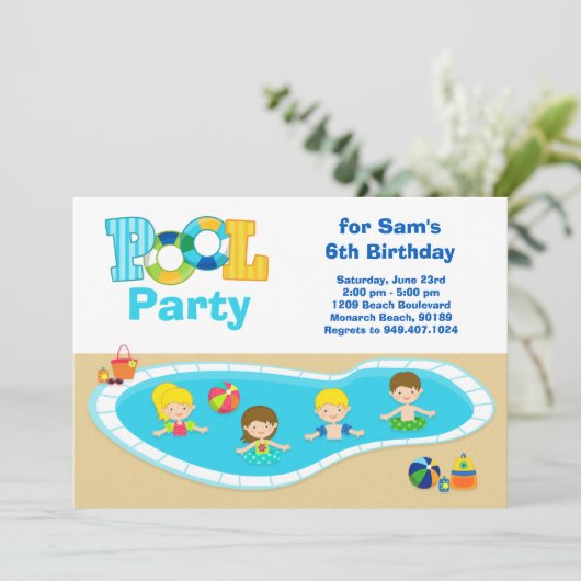 プールを囲んでのパーティの子供の誕生日のパーティの招待状 招待状 (スタンド正面)