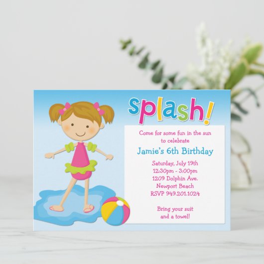 プールを囲んでのパーティの誕生日のパーティの招待状 招待状 (スタンド正面)