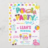 プールを囲んでのパーティの誕生日の招待状の女の子 招待状 (正面/裏面)