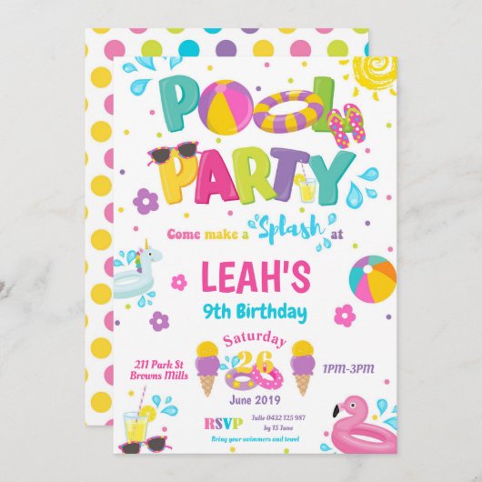 プールを囲んでのパーティの誕生日の招待状の女の子 招待状 (正面/裏面)