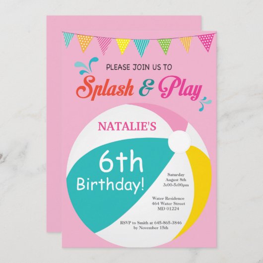プールを囲んでのパーティの誕生日の招待状のSplishのしぶきの女の子 招待状 (正面/裏面)