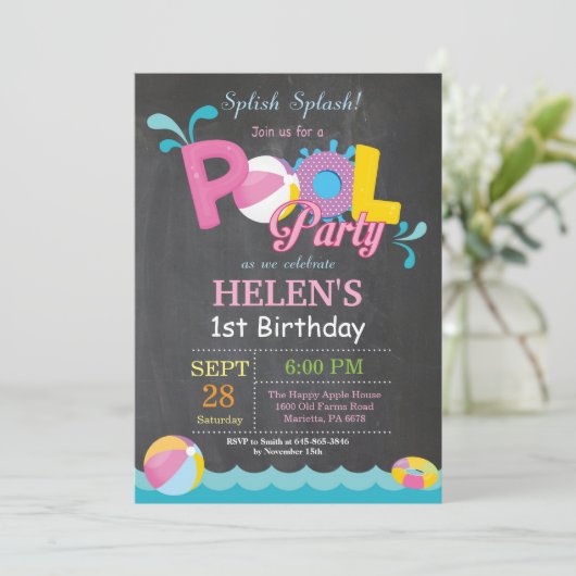 プールを囲んでのパーティの誕生日の招待状のSplishのしぶきの女の子 招待状 (スタンド正面)