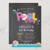 プールを囲んでのパーティの誕生日の招待状のSplishのしぶきの女の子 招待状 (正面/裏面)