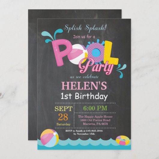 プールを囲んでのパーティの誕生日の招待状のSplishのしぶきの女の子 招待状 (正面/裏面)