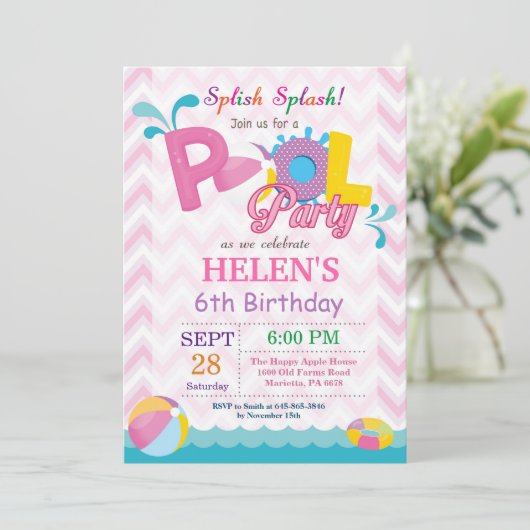 プールを囲んでのパーティの誕生日の招待状のSplishのしぶきの女の子 招待状 (スタンド正面)