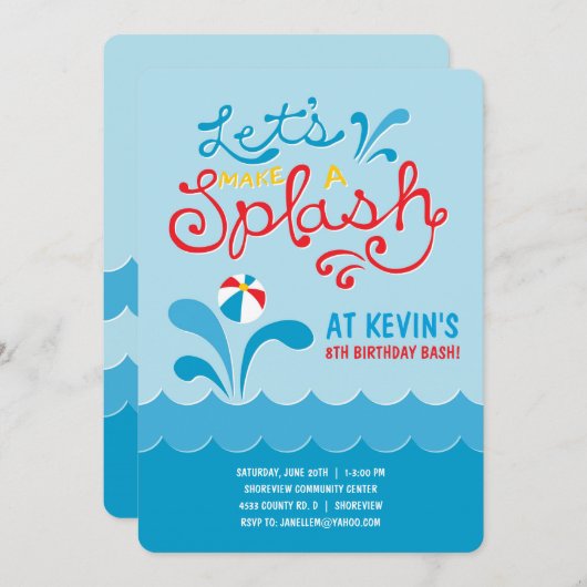 プールを囲んでのパーティの誕生日の招待状|の水泳の誕生日 招待状 (正面/裏面)